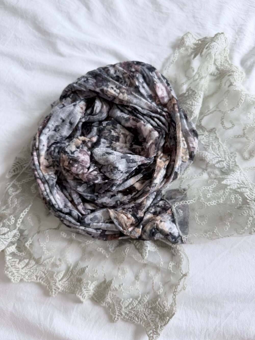Cost Plus World Market Gray Floral Print Scarf with Lace Trim